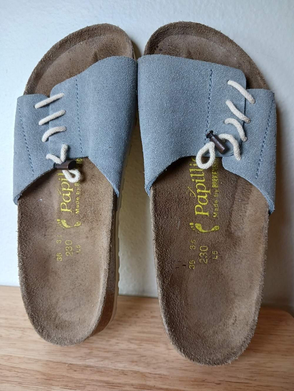 Papillio Pale Blue Suede Slide Sandals with Cream Laces